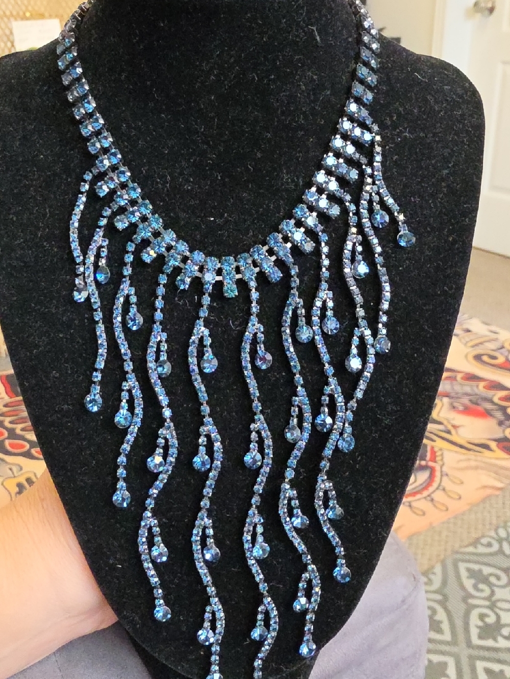 Blue Crystal Fringe Statement Necklace - Women Jewelry